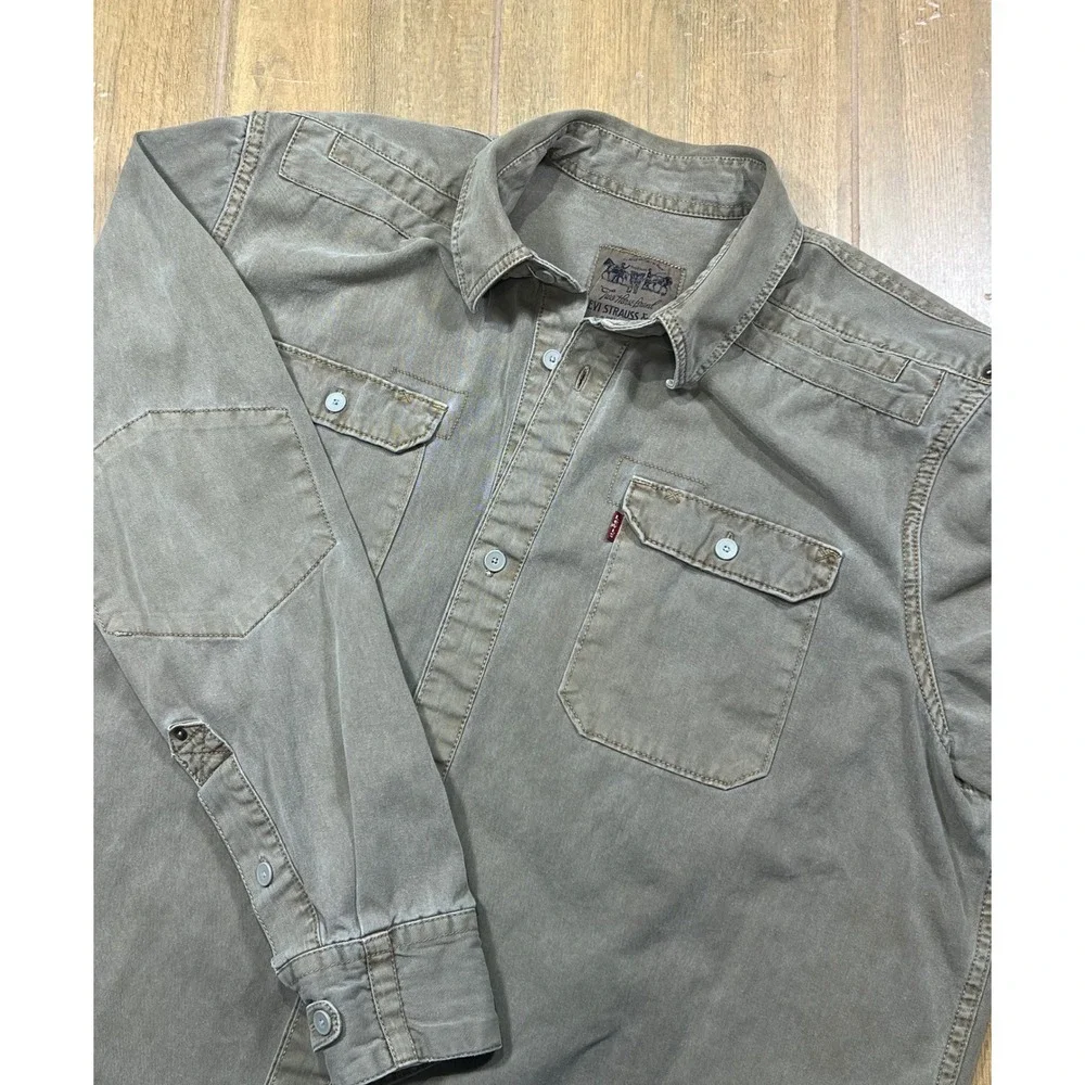 Levis Mens Utility Button Down Shirt Khaki Green Long Sleeve Cotton Large heavy
